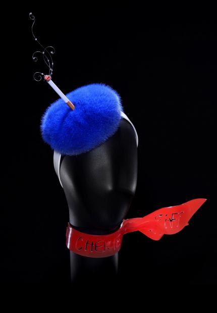 Stephen Jones Autumn Winter 2016 Fifi mink beret on patent leather band and cigarette and perspex scarf 13 69