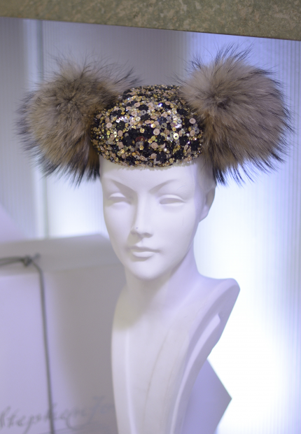 Stephen Jones Millinery Autumn Winter 2017 Christobal Balenciaga Matador pillbox in embroidery and finn racoon pom poms 10 Christobal Balenciaga