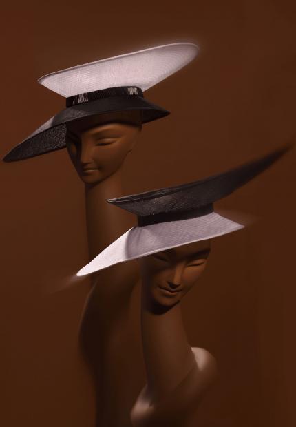 A sinamay and tulle reversible brimmed top hat with embroidered band Stephen Jones Autumn Winter 2018 Crowns 05 Faith & Fashion
