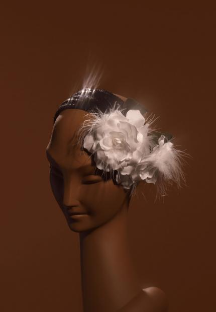 A sequin band with satin and feather gardenias Stephen Jones Autumn Winter 2018 Crowns 11 Billie Holiday