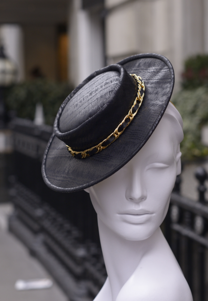 Stephen Jones Millinery Autumn Winter 2017 Moschino moire satin chain mini boater