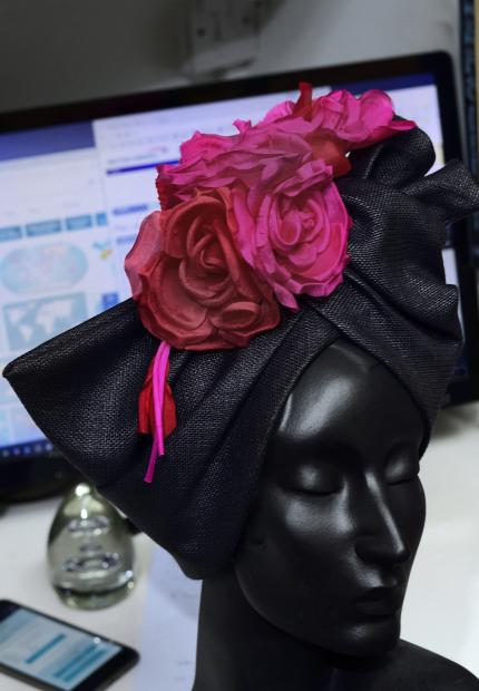 Stephen Jones Millinery Spring Summer 2018 Hats Lagos turban with floral pin