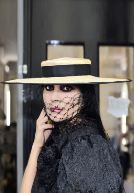 Stephen Jones Millinery Spring Summer 2018 Hats Heiress large boater with veiling tie