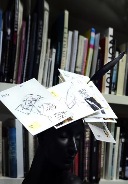 Stephen Jones Millinery Spring Summer 2018 Hats Sketches A Printed layered visor on a gold plated frame 03 Sketches