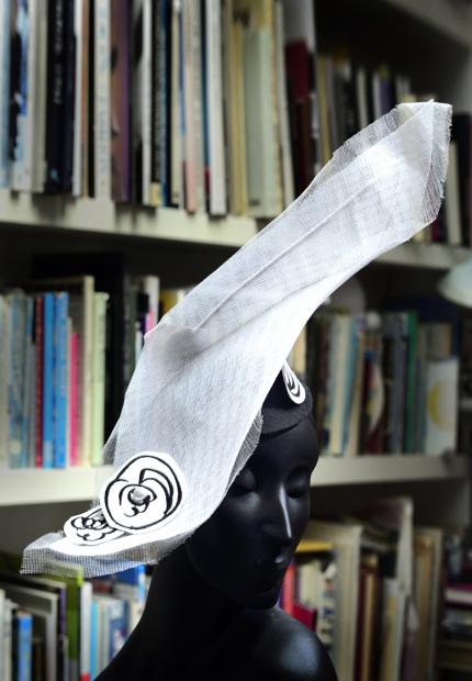 Stephen Jones Millinery Spring Summer 2018 Hats Toile A paper spatre wing with painter's canvas embroidered roses 04 Toile