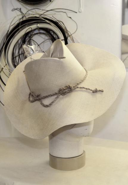 Stephen Jones Millinery Spring Summer 2018 Hats Blocking An asymmetric parabuntal fedora with jute string pins and cellophane 05 Blocking