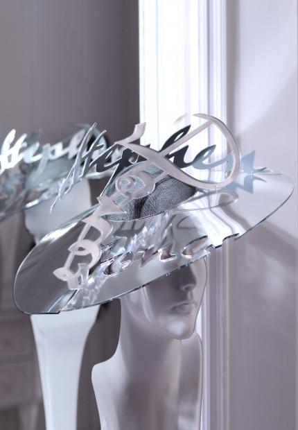 Stephen Jones Millinery Spring Summer 2018 Hats Mirror mirror A logo coolie hat in mirror perspex and sinamay 09 Mirror-mirror