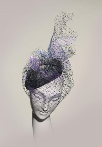 Stephen Jones Millinery Spring Summer 2019 Parfum L'Heure Bleue dusk tulle veiled beret with stars and moon hat pin