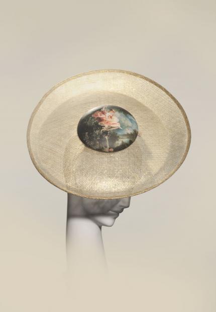 Stephen Jones Millinery Spring Summer 2019 Parfum Bal à Versailles lurex sinamay saucer and crown printed with Fragonard's 'The Swing'